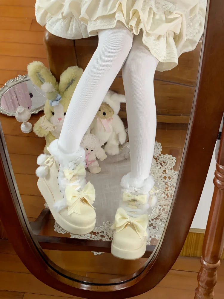 Sweet Girls Lolita Winter Snow Boots,Students Cute Plush Warm Bowknots PU Leather Lace Up Heightening Platform Shoes