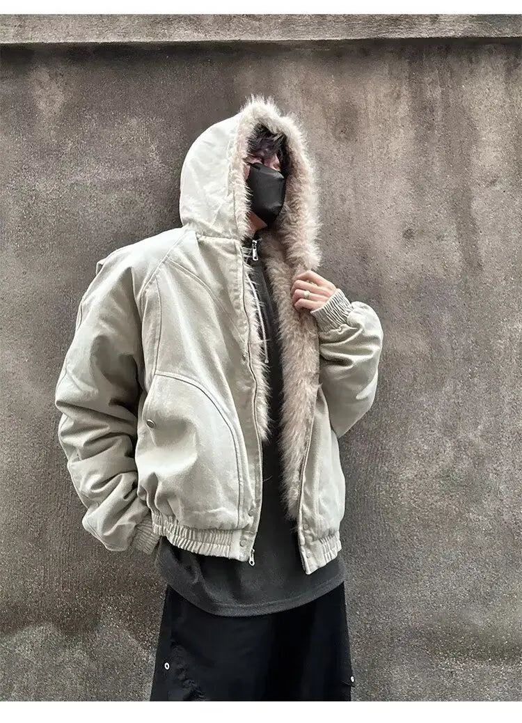 American Retro Lamb Fleece Cotton Jacket Winter Thickened Keep Warm Fur Collar Jacket Zipper Hoodie Loose Coat men clothing