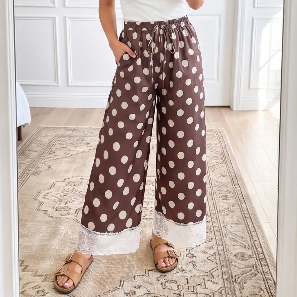 Women Y2K Retro Polka Dot Pants Lace Hem Elastic High Waist Drawstring Loose Fit Trousers Sweet French Style Vacation Bottoms