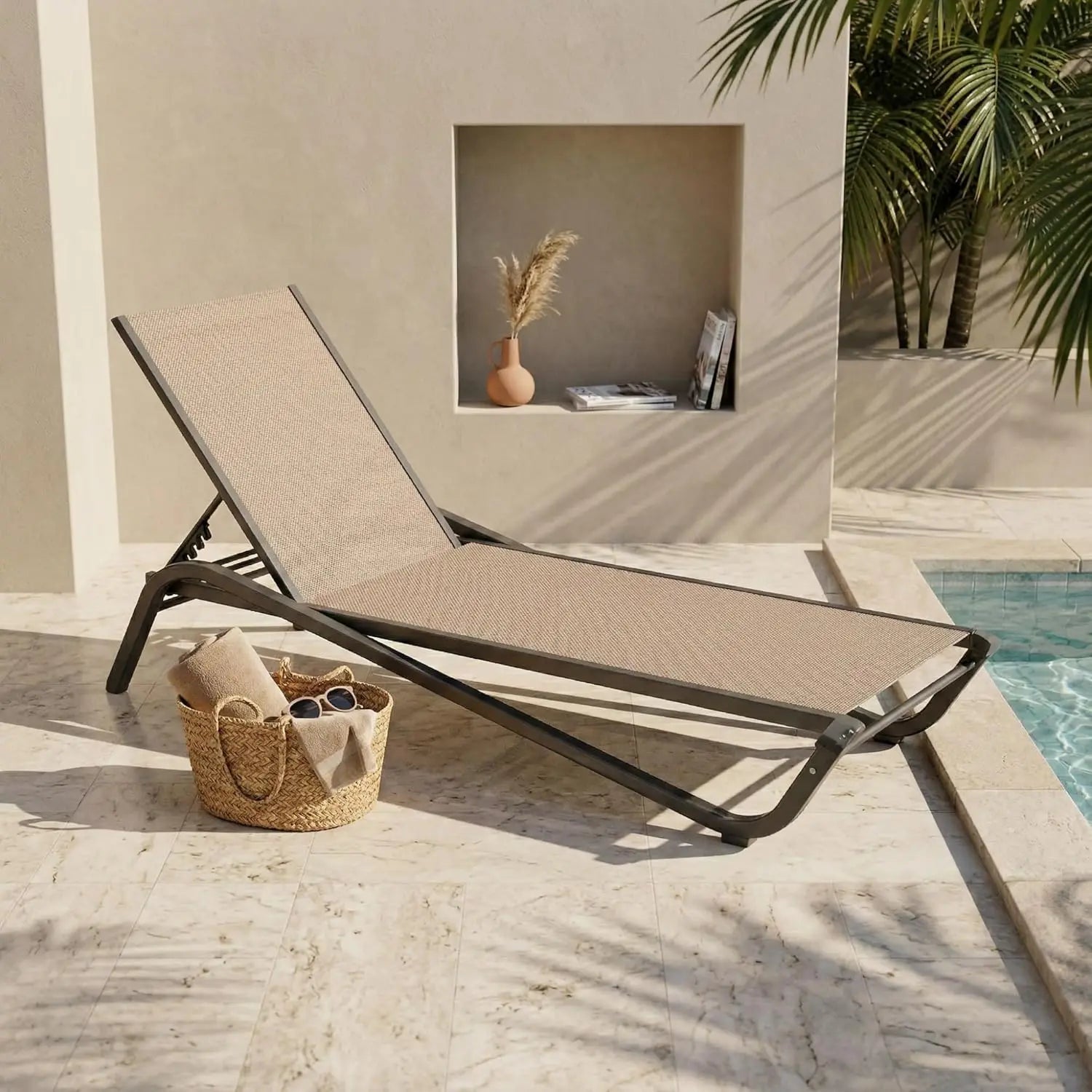 Adjustable Patio Chaise Lounge Outdoor Textilene Sun Bed for Pool Deck Rust-Proof Aluminum Frame, Custom
