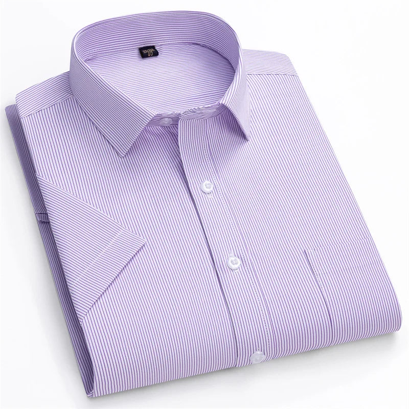 Men Formal Shirt Short Sleeve Office Solid Color Striped Fashion Business Pocket White Social Shirt Men's Clothing 5XL 6XL