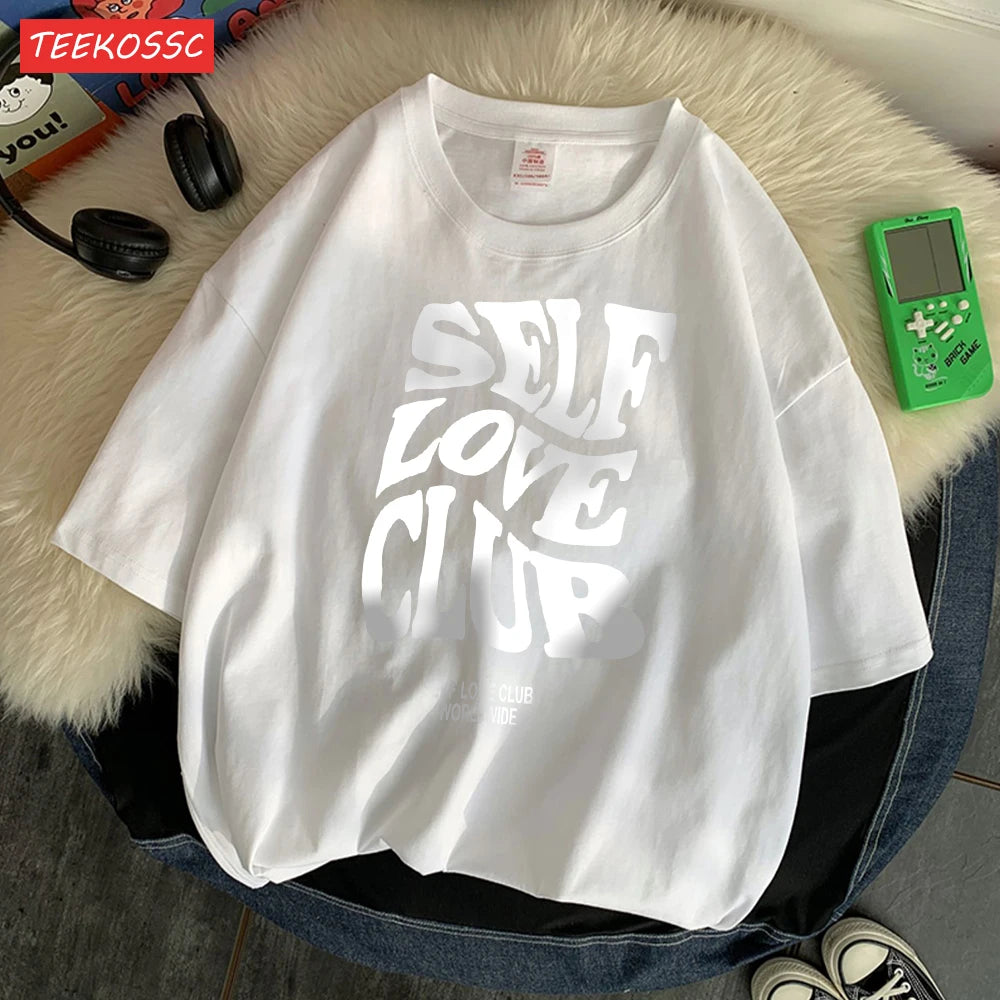 Self Love Club Worldwide Printed Tee Clothing Boy Versatile Funny Tees Aesthetic Pattern T-Shirt Oversized Design Clothing