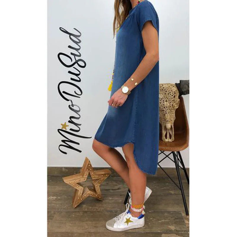 Summer New European and American V-neck Pullover Short-sleeved Denim Dress 2025 Cross-border