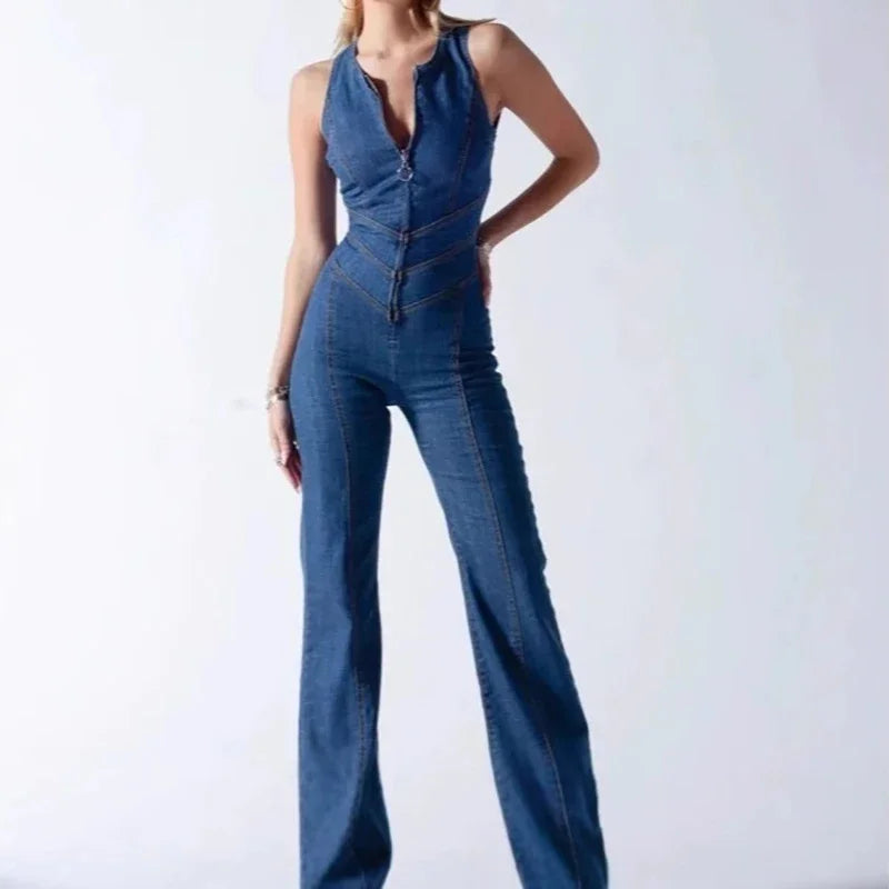 Fashion Denim Jumpsuit Women's Sexy New Tank Slim Sleeveless High Waist Hollow Zipper Backless Love Jumpsuits Streetwear Women