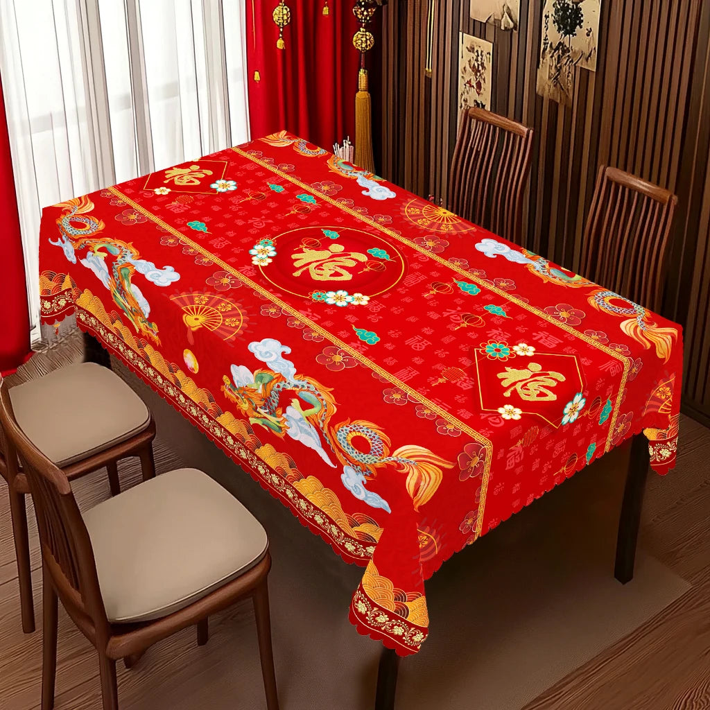 1 Piece of Chinese Blessing Red Round Tablecloth, 5 Sizes, Chinese Spring Festival Red Printed Square Tablecloth, Edge Embossing Process, Wedding Garden Tablecloth Decoration, Tablecloth for Daily Home Kitchen, Terrace, Chine