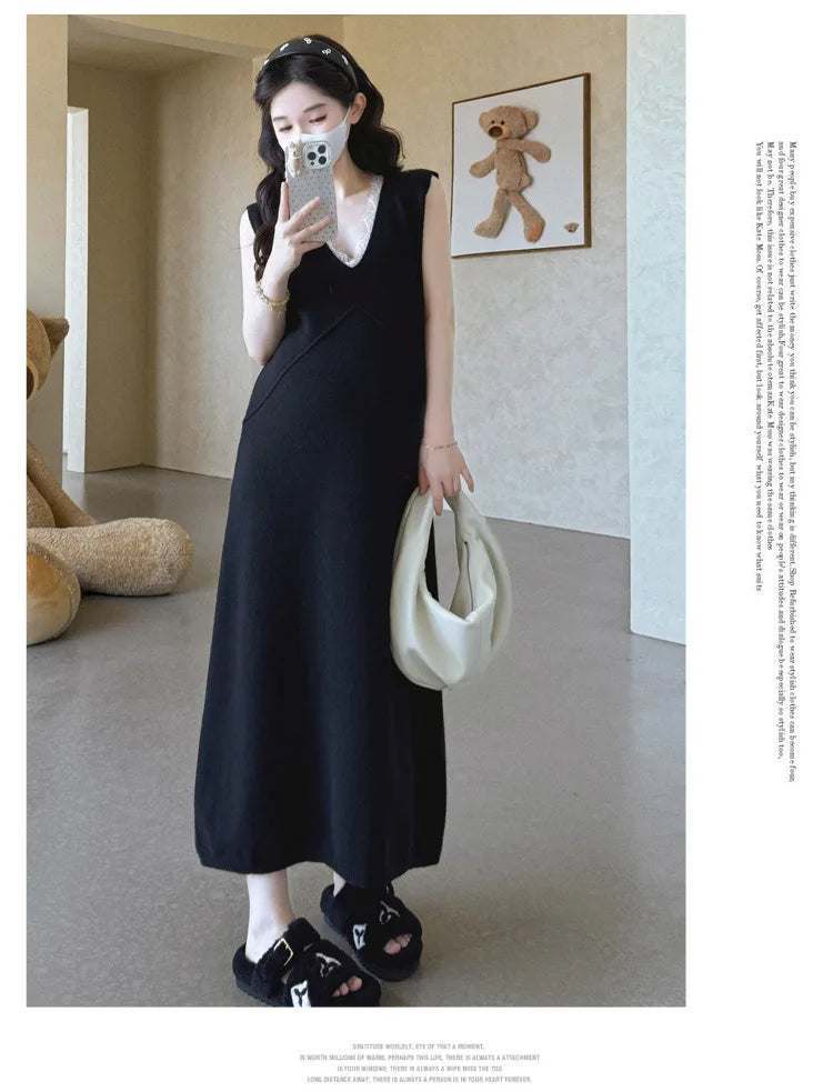 Maternity Suit  Autumn High-End Lazy Style Versatile Long Coat And Lace Paneled V Neck Straight Tank Dress Two Piece Set