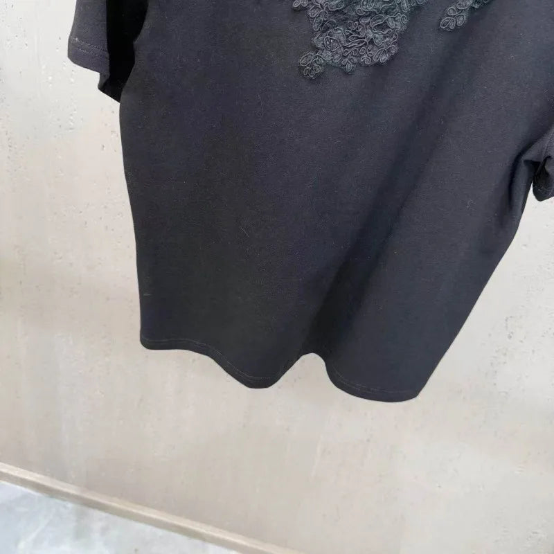 New 2026 Summer Women Casual T Shirts Short Sleeve Spliced Lace Embroidery Solid Color Ladies Fashion O Neck Pullover Tees Tops