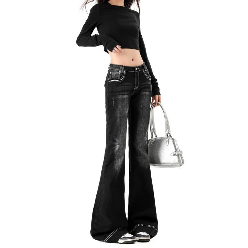 Women Low Rise Flare Jeans Vintage Black Washed Denim Pants Y2K Slim Bell Bottom Trousers Fashion Streetwear Casual Long Pants