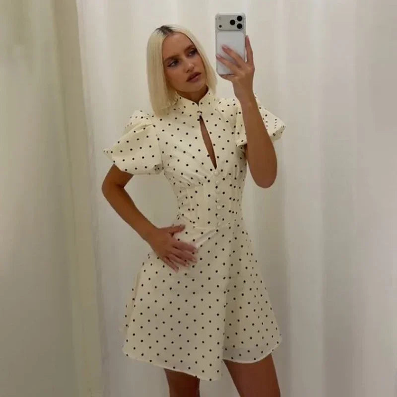 Retro Polka Dot Mini A-line Dress Elegant Stand Collar Puff Short Sleeve Waist-cinching Dresses 2026 New Lady Party Gowns