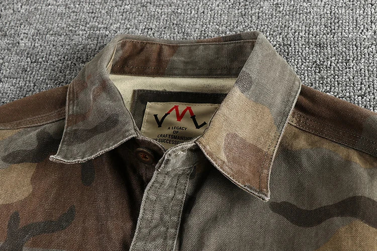 2024 Autumn and Winter New American Retro Woven Camouflage Cargo Shirt Men's 100% Cotton Washed Old Double Pockets Thin Jacket