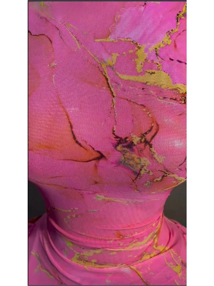 2026 Pink Women Tie Dye Printed Stacked Ruched Long Sleeve Midi Bodycon Maxi Long Dress Birthday Party Education Trendy Dresses