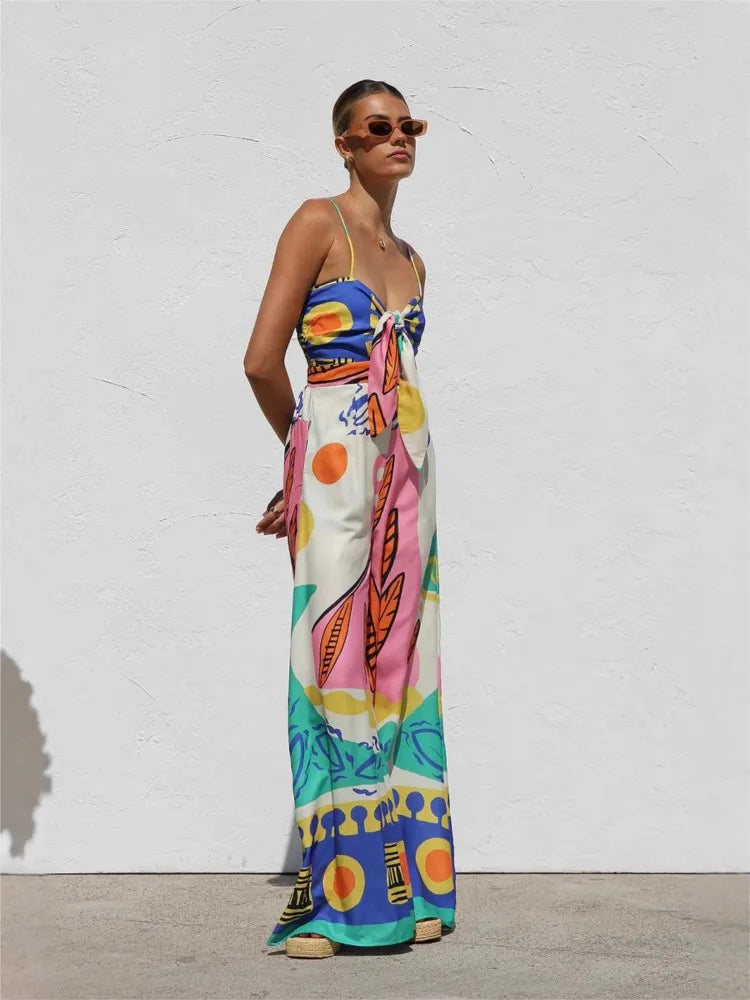 Spring Summer Print Spaghetti Strap Jumpsuits Women Fashion Sexy Hollow Out Leace-up High Waist Wide Legs Jumpsuit Bohemian New