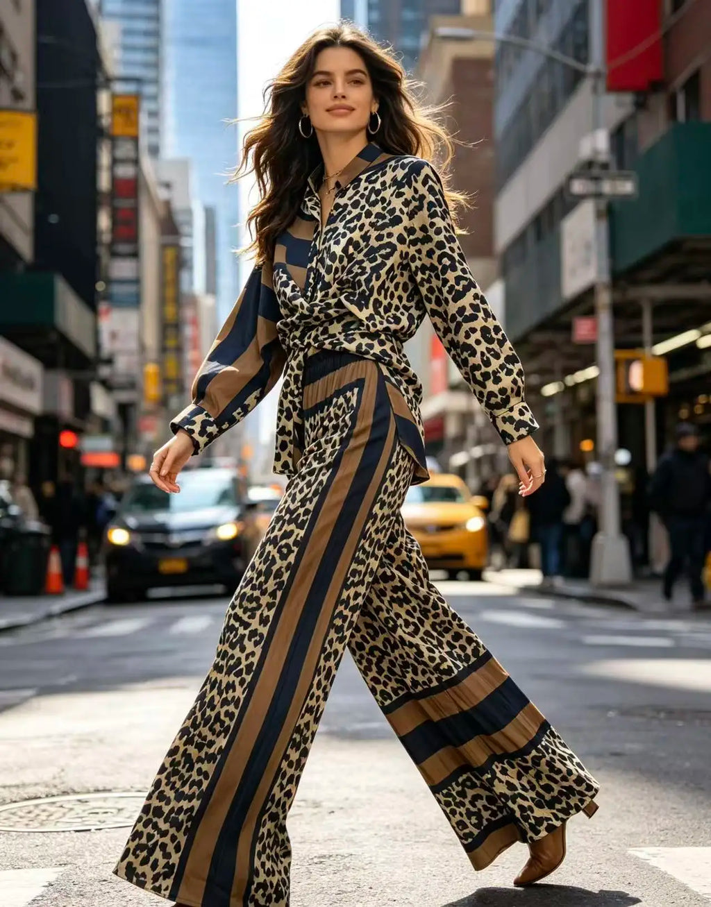 Summer Retro Print For Women Suit Chic and Elegant Outifits Top+High Waist Wide Leg Pleated Long Pants 2 Piece Set 2026