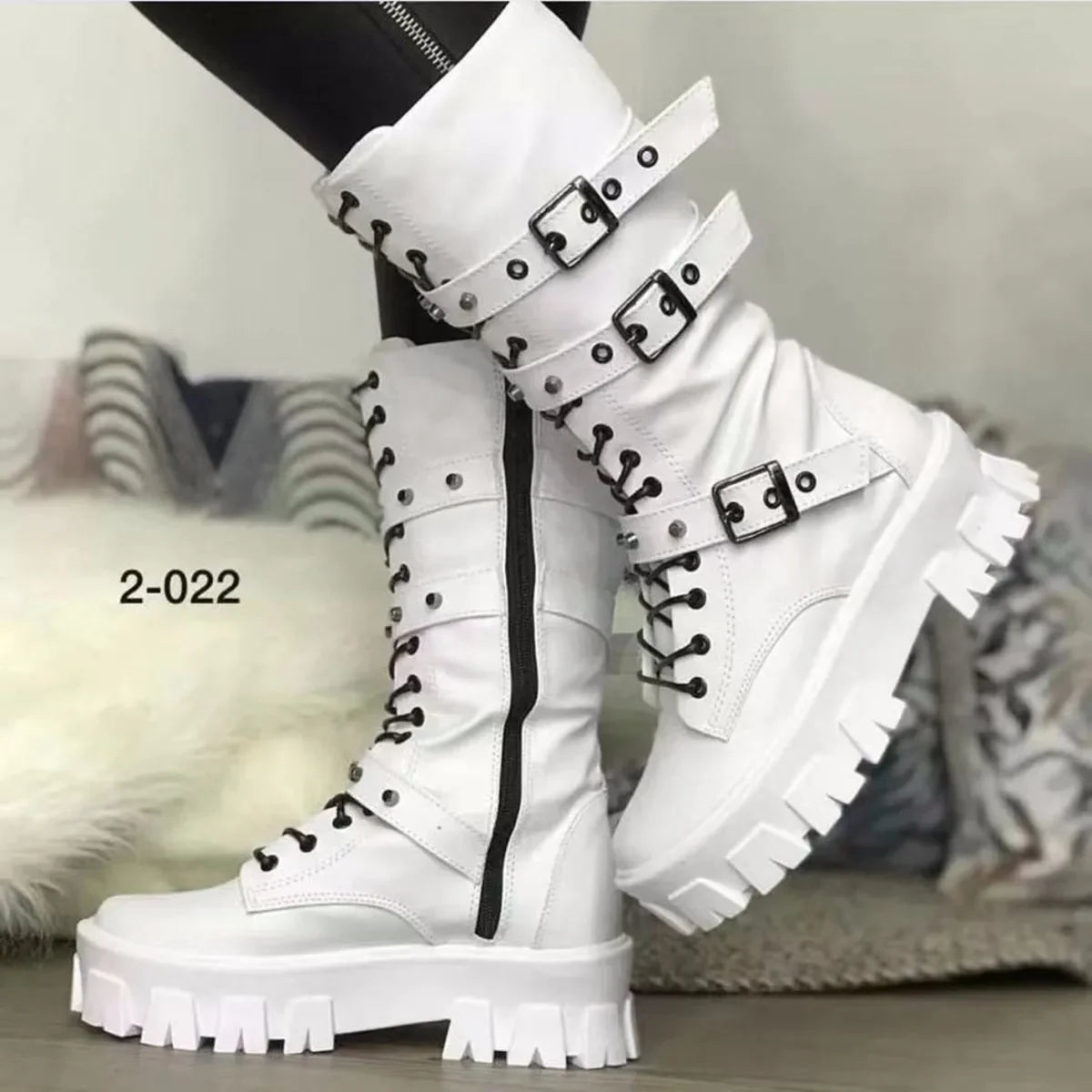 Woman Boots Winter New Pu Leather Platform Fashion Lace Up Punk Gothic Booties Casual Work Shoes Botines Mujer