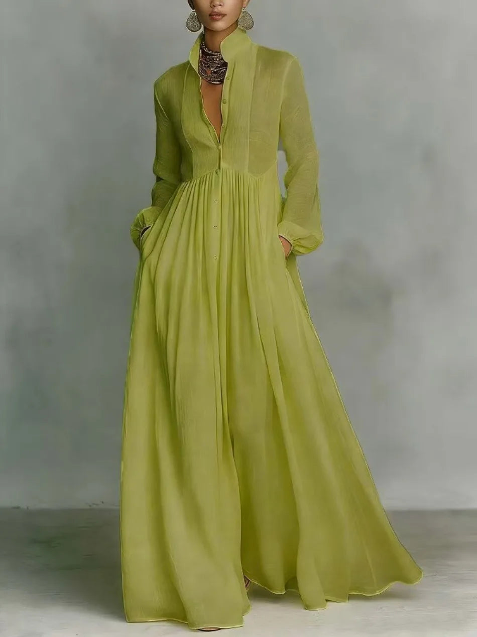 Elegant High Waist Swing Long Dress Woman Spring Solid Pockets Pleated Maxi Dress Spring Autumn Long Sleeve Button Evening Dress