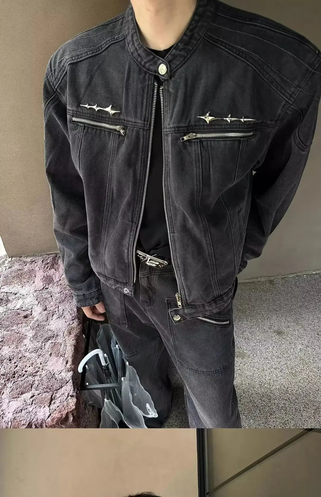 American Vintage Washed Cropped Denim Jacket, Metal Collarless Jacket For Men