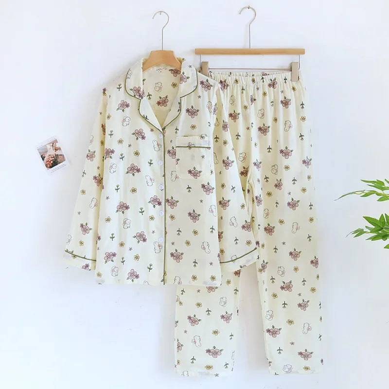2026 Spring/Summer New Women's Pajama Set 100% Pure Cotton Double Layer Gauze Long Sleeve Two Piece Cartoon Cute Sweet Home Fury