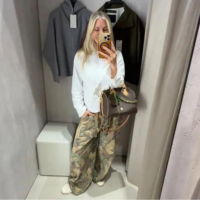 Camo Print Drawstring Waist Women Pants Wide Leg Loose Cut Drawstring Hem Relaxed Fit Casual Trouser Streetwear 2026 New Fashion