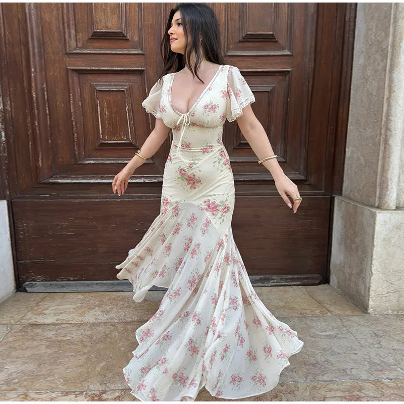 Elegant Sexy Print Fish Dress Women V Neck Short Sleeves High Waist Ruffles Split Vestidos Female 2026 Summer New Chic Dresses