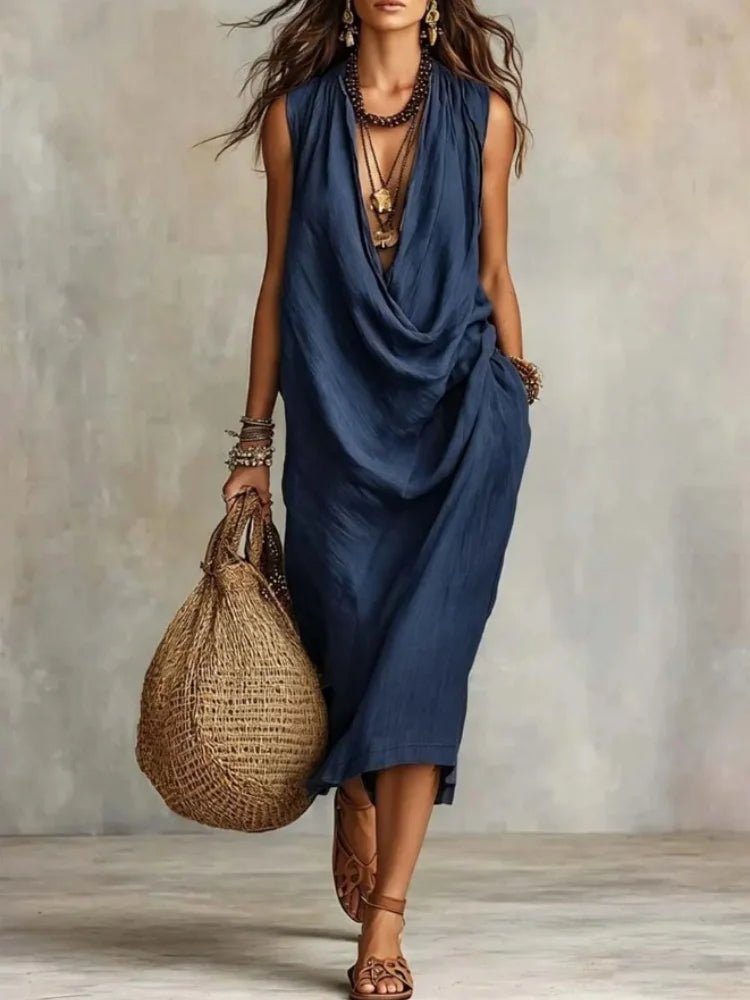 Elegant Cotton Linen Long Dress for Women Loose Draped Neckline Sleeveless Pocket Vestido Summer Casual Beach Vacation Dresses