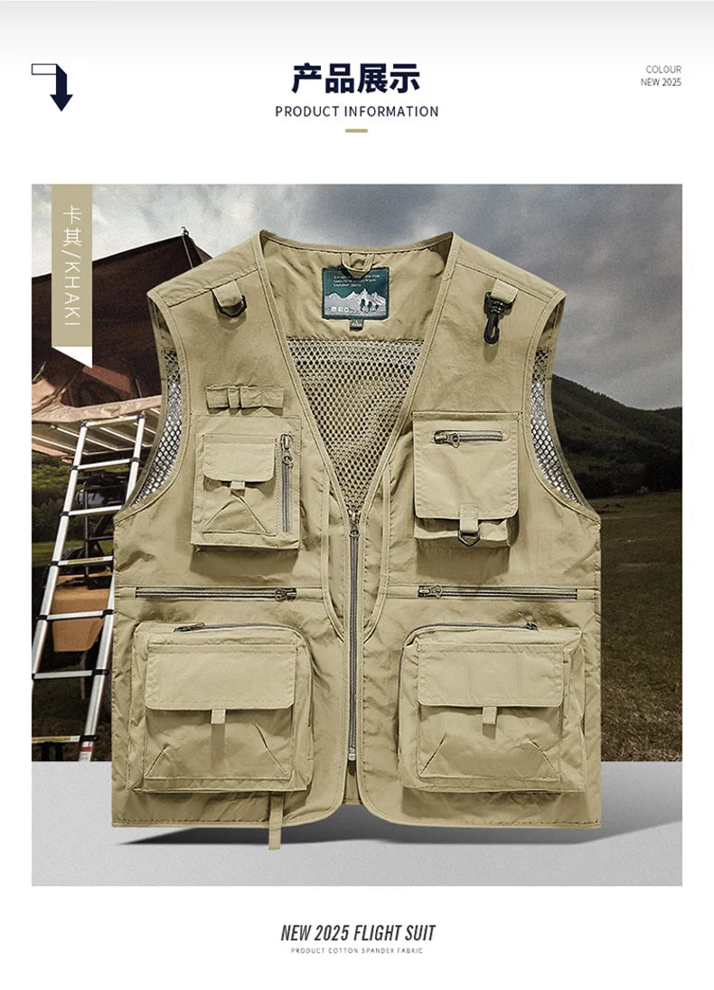 Mesh Men's Fishing Vest Multi Zip Pocket Hiking Waistcoat Male Light Thin Outdoor Sleeveless Jacket Work Summer Travel Plus Size