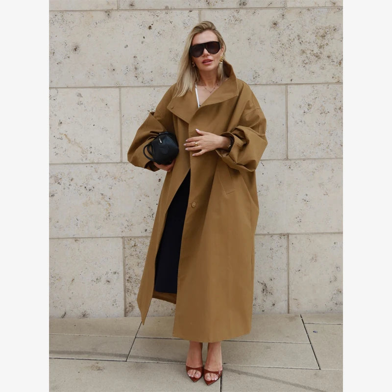 Women Green Oversized Belt Overcoat Elegant Long Sleeve Pleated Lapel Lace Up Windbreaker Autumn Lady Daily Street Outerwears