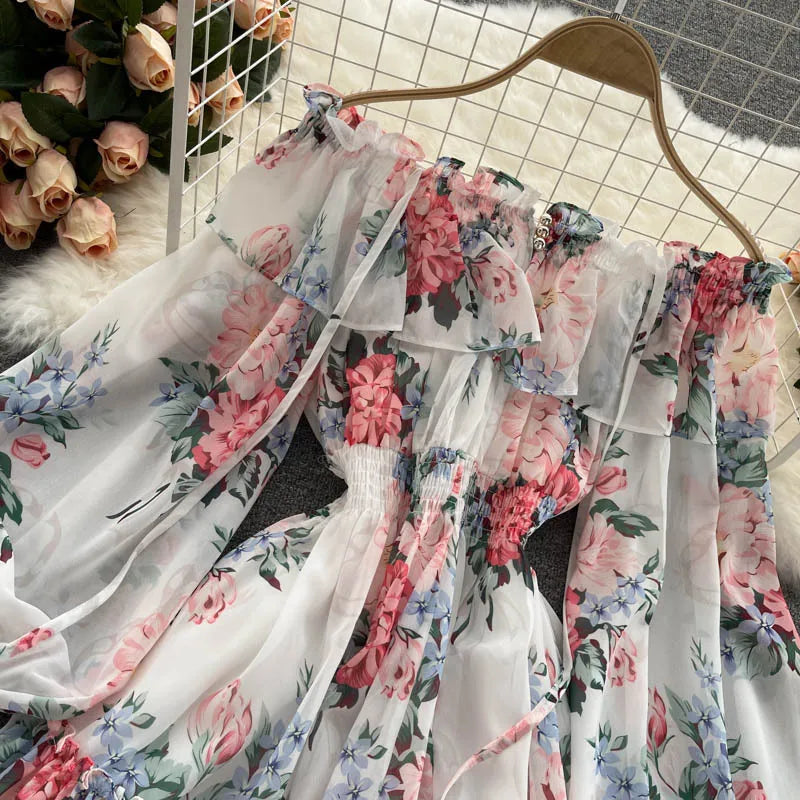 2025 New Retro Summer Beach Vacation Dress Women Sexy Strapless Lantern Sleeve Sweet Floral Jumpsuit Short Chiffon Print Dresses