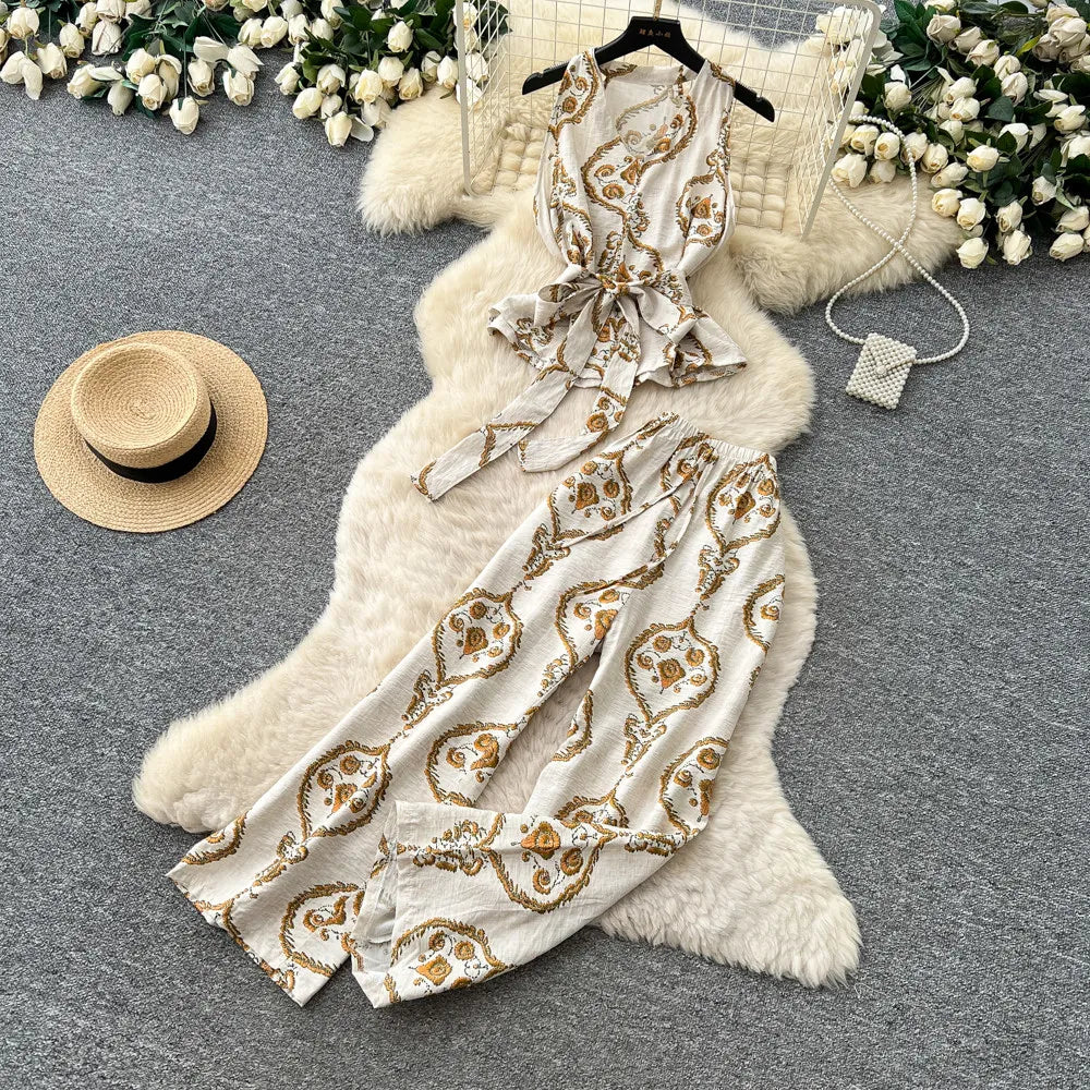 SINGREINY Boho Print Vacation Suits Summer 2026 Sleeveless Lace Up Tank Top+Loose Wide Leg Pant Chic Lazy Casual Women 2pcs Sets