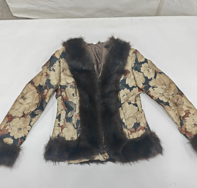 Floral Jacquard Faux Fur Trim Jacket V Neck Single Button Long Furry Cuff Cropped Coats 2026 Vintage Winter New Warm Party Coat