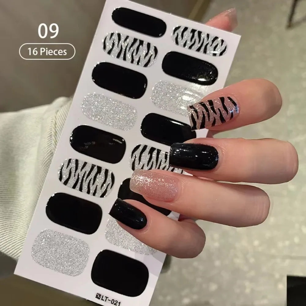 32 Strips Autumn Nail Stickers Semi Cured Full Cover Gel Nail Polish Strips Manicure Leopard Print Nail Patch
