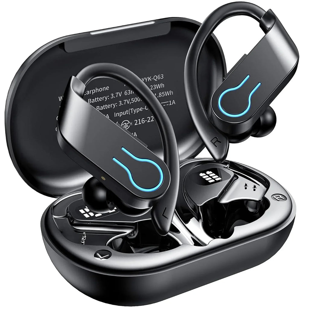 Bluetooth V6.1 Earphones True Wireless Headphones with Mic Button Control Noise Reduction Earhooks Waterproof Headset for Sports