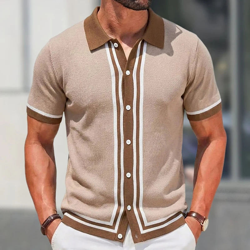 Summer Men Knitted Cardigan Polo Shirts Short Sleeve Striped Jacquarded Business Shirts American Retro Premium Quality Knitwear