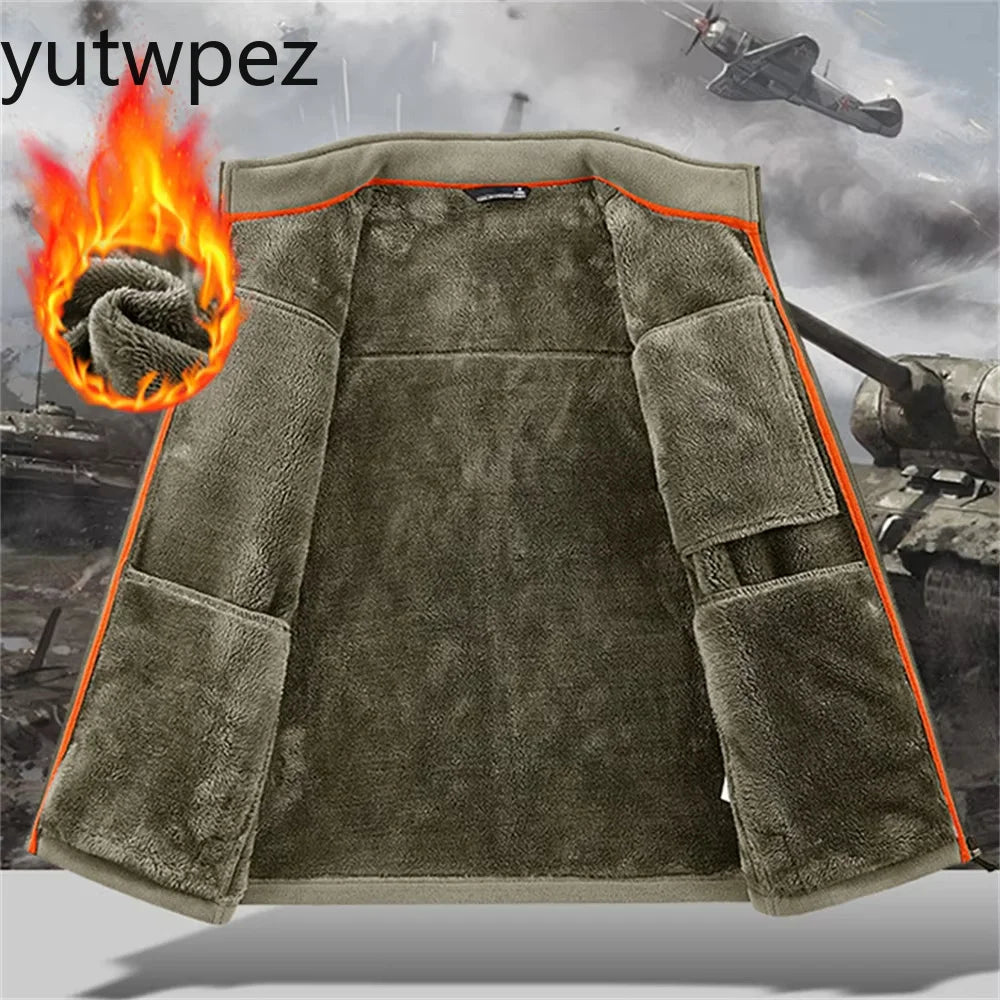 Winter Warm Fleece Jacket Men Climbing Double Thickened Pocket Jacket Outdoor High Collar Windproof Ski Sweatshirt Coat Man Snow