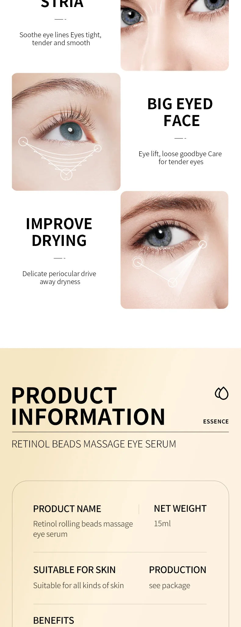 Snail Face Cream + Retinol Eye Serum Massage Roller 2pcs/Lot for Moisturizing Eye Bag Face Cream Skin Care Products