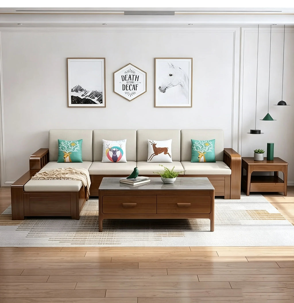 *Living Room Nordic Log Wood Storage Corner Sofa Winter  Summer Dual Use Fabric Wooden Sofa Combination