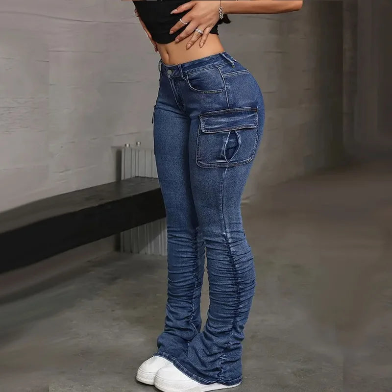 Women High Waist Elastic Jeans Ladies Sexy Hip Lifting Denim Pants Multi Pocket Summer Fashion Streetwear Female Slim Trousers