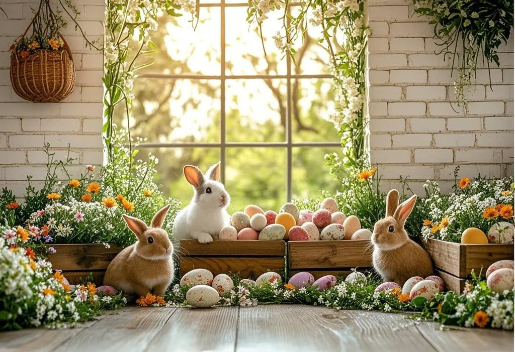 Happy Easter Day Photography Background Blue Wood Board Easter Egg Spring Flower Rabbit Kid Birthday Portrait Photocall Backdrop