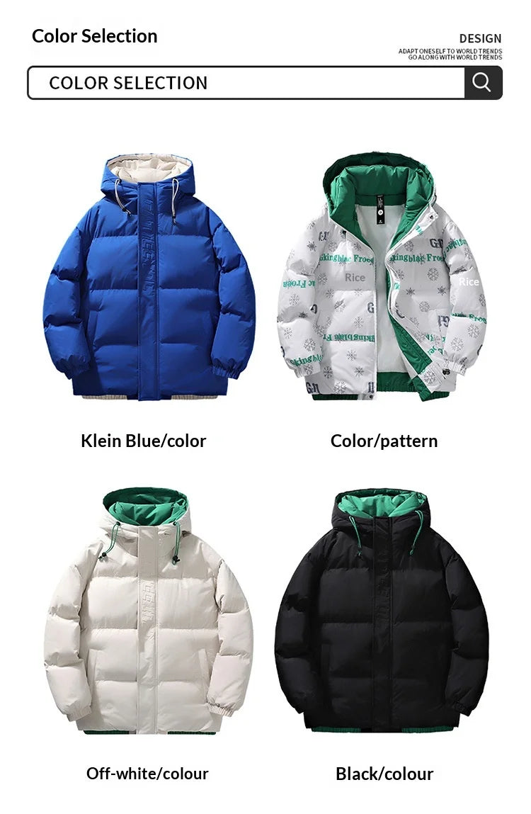 Mens Couple Fashion Cotton Padded Jacket Winter Thick Fleece Lined Hooded Coat Streetwear Parka Outerwear