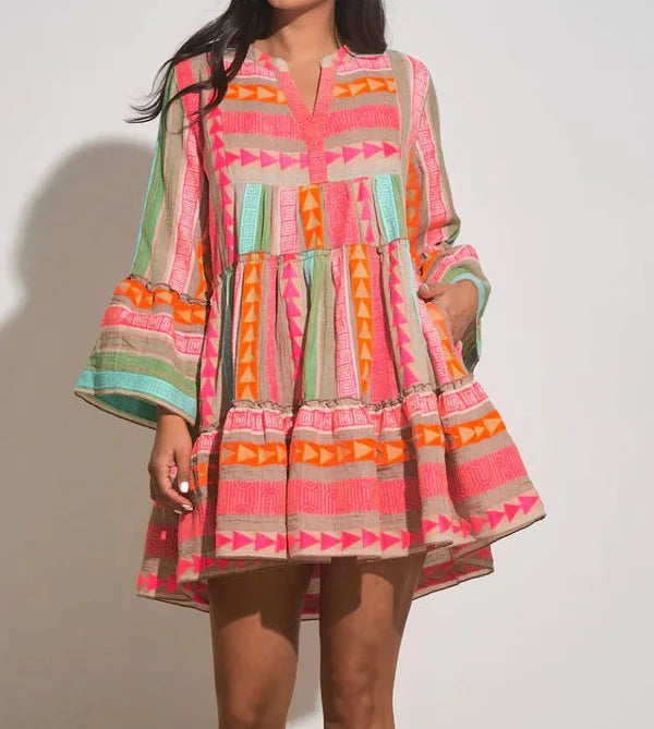 Colorful Boho Tiered Mini Dress with Bell Sleeves, V-Neck Geometric Embroidered Dress, Summer Beach Casual Dress