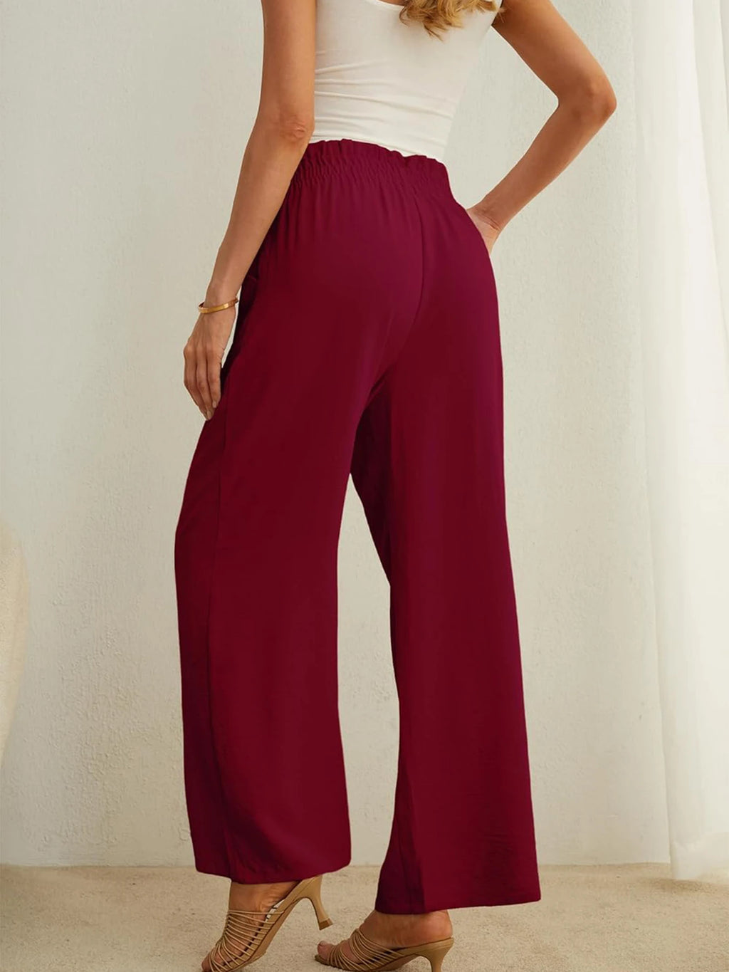 Women's High Waist Wide Leg Casual Pants with Pockets Adjustable Drawstring Loose Slimming Comfortable for Vacation