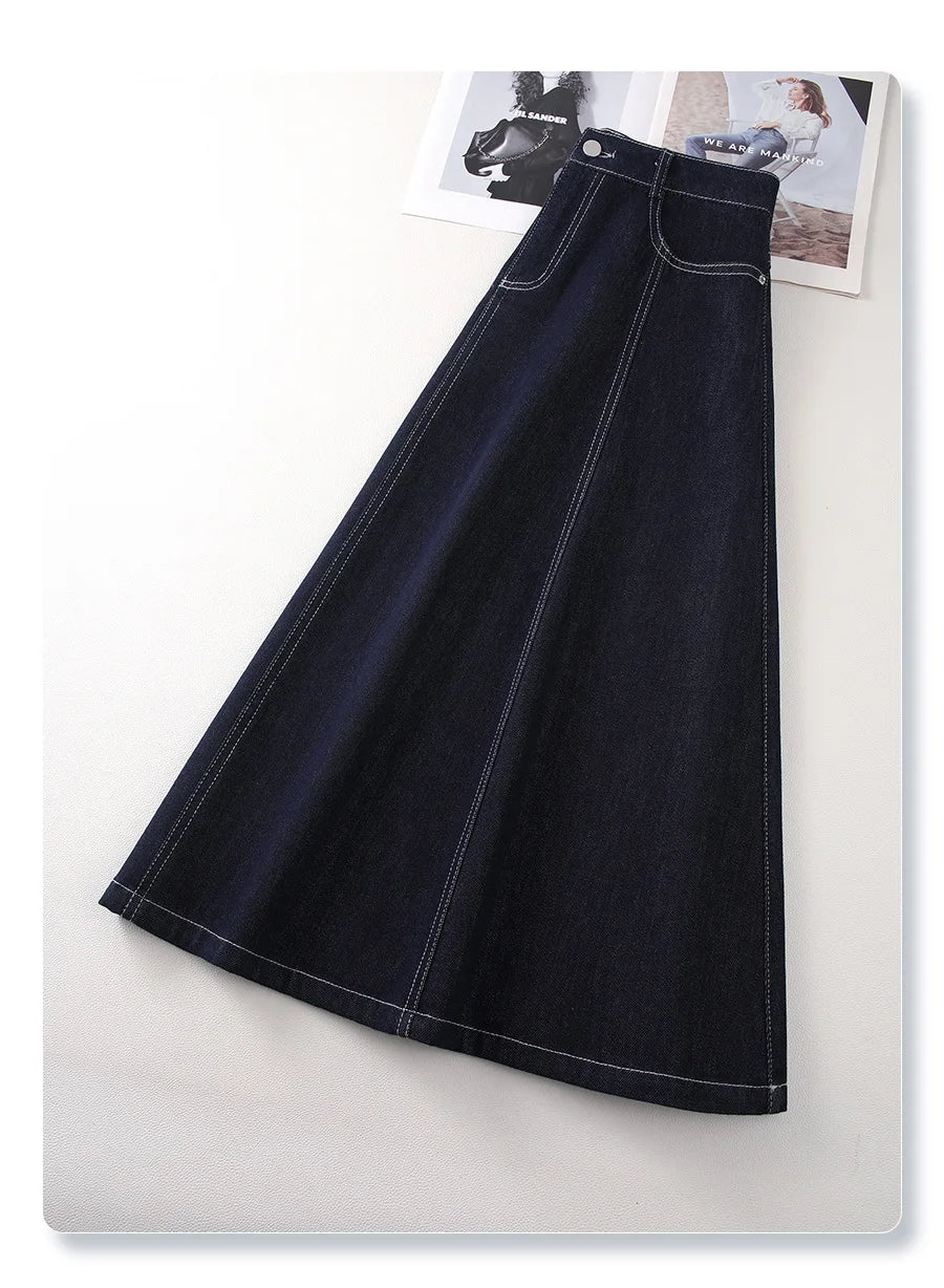 Dark Blue Denim Mid-Calf Skirts For Women 2025 New Spring and Summer Casual Loose Streetwear Office Lady Chic Long Skirts