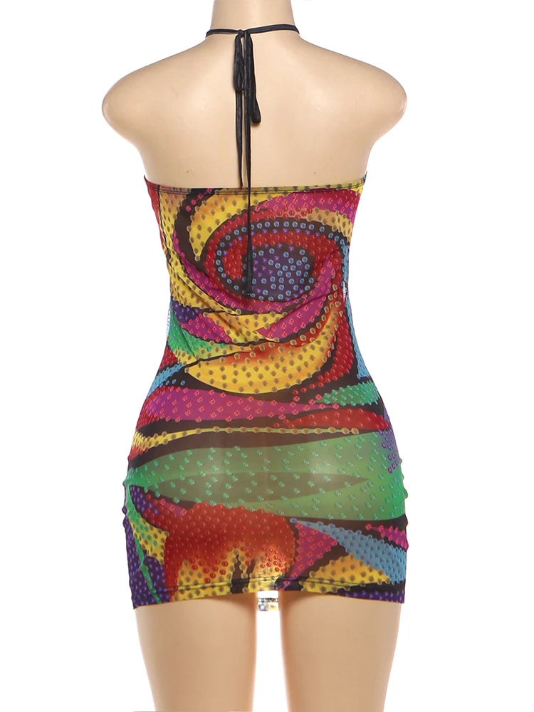 Kliou Colorful Print Mini Dress Woman Lace-Up Halter Off Shoulder Backless Skinny Wrap Hip Midnight Club Party Fashion Bodycon