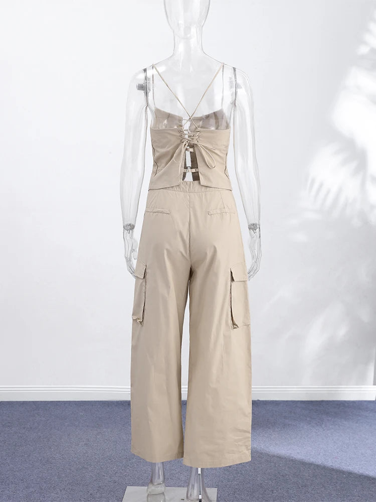 Women 2 Piece Pant Sets Women Khaki Spaghetti Strap Corset Cami Top Pocket Wide Leg Cargo Pants 2026 Matching Vacation Outfits