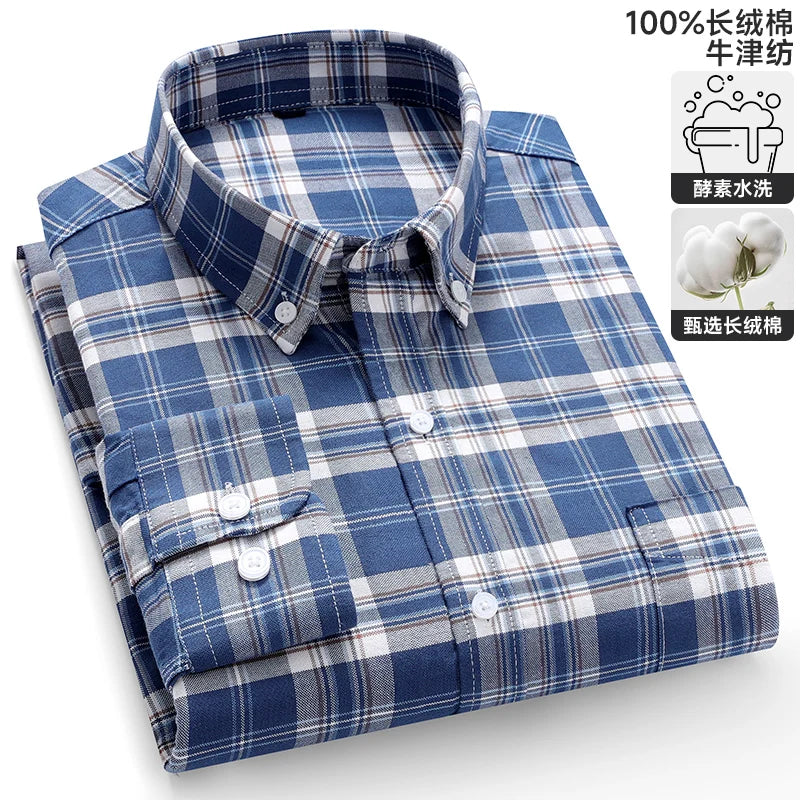 S-6XL Oxford Shirts for Men Long Sleeve Pure Cotton Solid Stripe Leisure Embroidered Horse Streetwear Business Plain Office 6XL