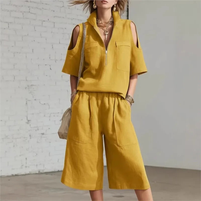 2026 New Summer Women's Clothing Two-piece Set Fashion Pockets Short-sleeved Shorts Shirt Loose Pants Casual 2-piece Set Women