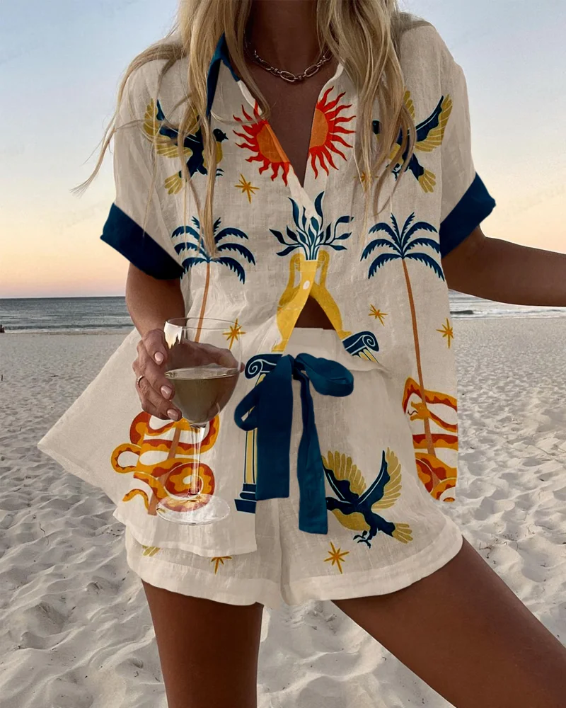 Summer Hot Style Print Beach Holiday 2-Piece Set Women Short Sleeve Shirt Top Wide Legs Short Women's Oversized Two-Piece Sets