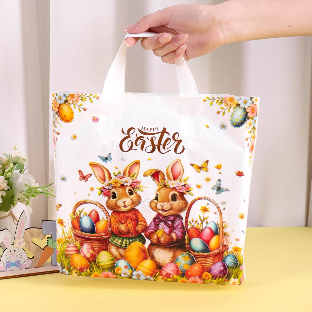 6pcs Happy Easter Large Gift Bags with Handles 25*30cm Plastic Tote Bags Cute Bunny Eggs Printed Treat Bags Easter Party Needs