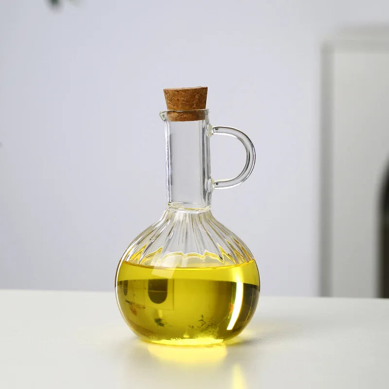 Household 300-350ml Heat-resistant Glass Oil Pot with Wooden Stand, Liquid Seasoning Bottle, Striped Sauce and Vinegar Oil Pot