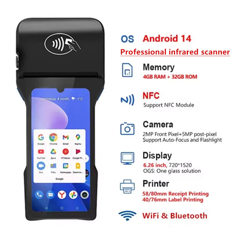 Android 14.0 Handheld POS Terminal Sales Point Cash Register with 6.26-inch Screen NFC Scanner 58/80mm Thermal Receipt Printer