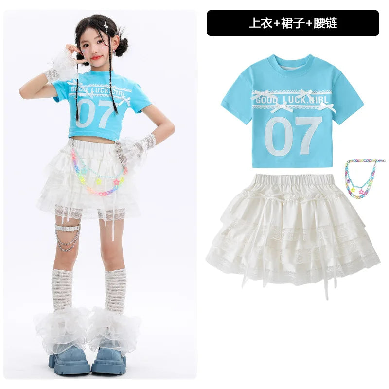 Kid Cute Hip Hop Clothing BLue Crop T Shirt Sleeves White Layered Lace Pleated Mini Skirt for Girls Jazz Dance Costume Clothes